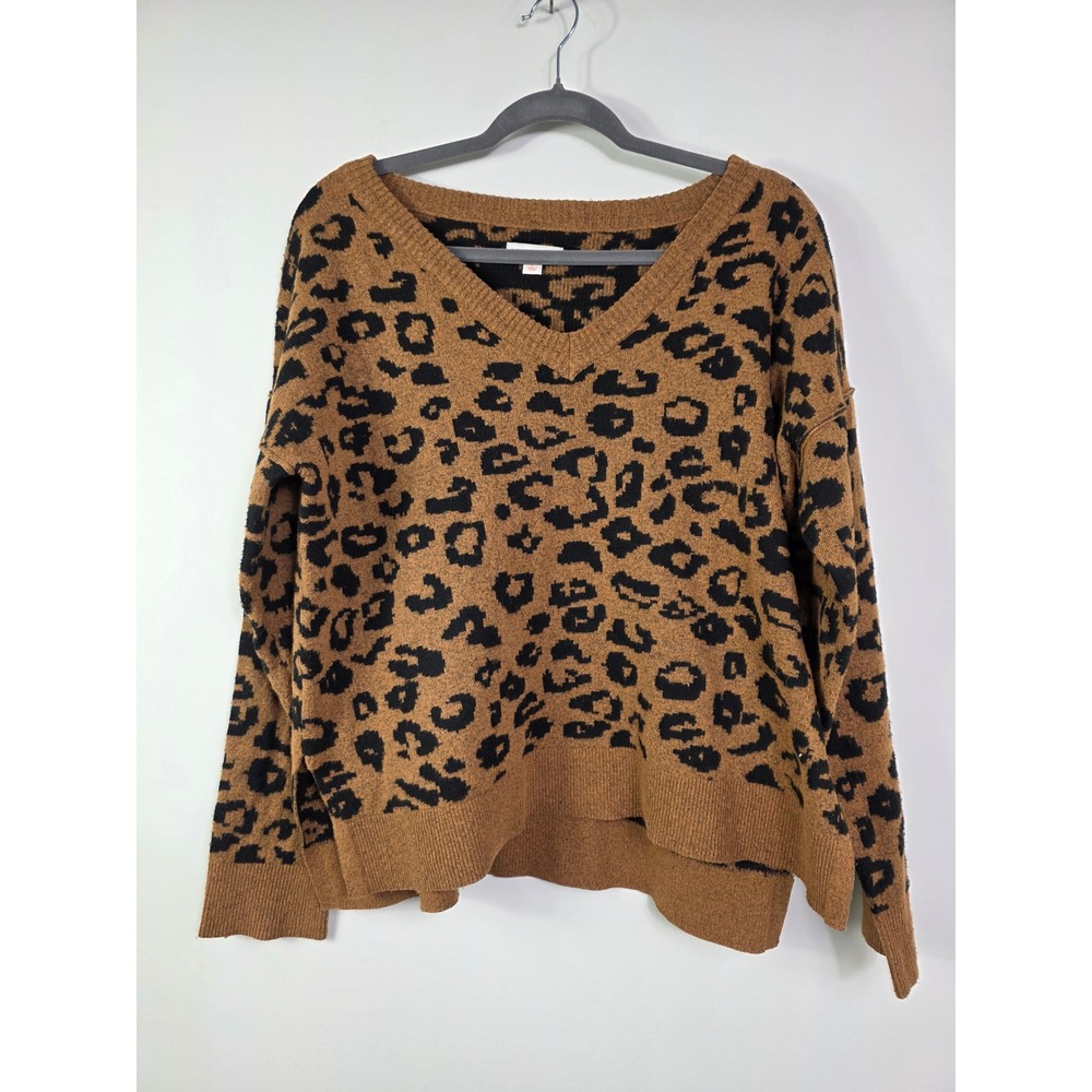 Know Rose Camel Brown Pullover Sweater Black Leopard Print Size L